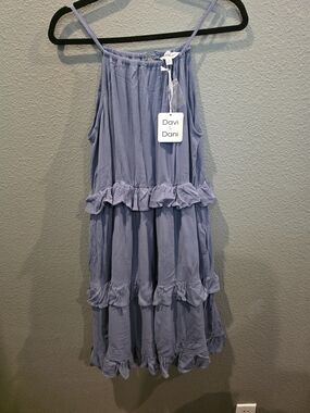 NWT Davi & Dani Tiered Ruffle Mini Dress Blue Gauze Sleeveless Size Medium Boho